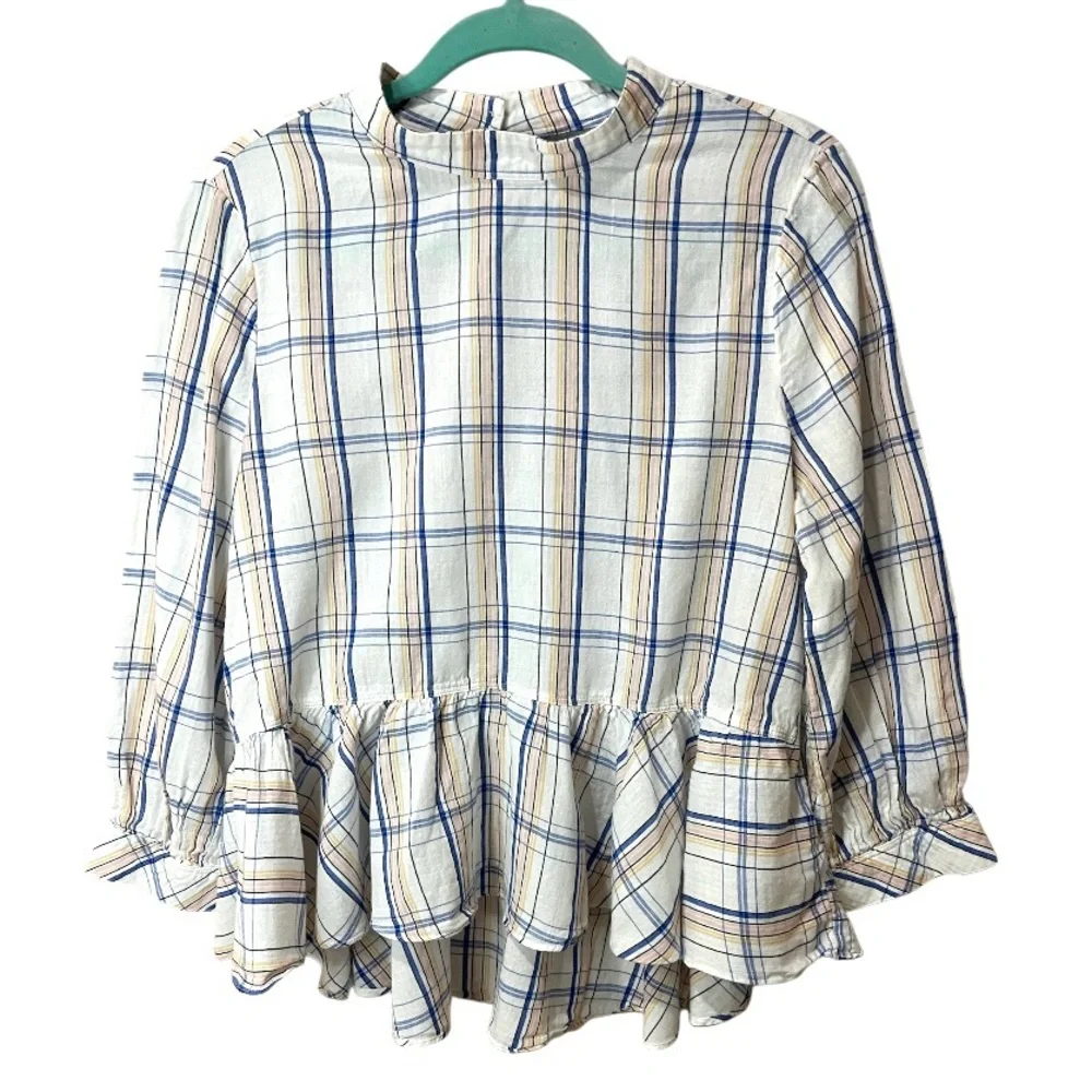 ANTHROPOLOGIE Maeve Plaid Ruffle Blouse Top Long Sleeve High Low Hem SZ 10 EUC - Picture 3 of 10